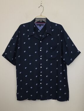 Tommy Hilfiger Dark Blue w/ White Swordfish Short Sleeve Button Shirt L
